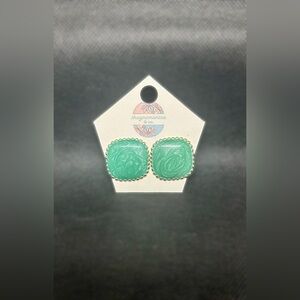 Oversized Square Green Swirl Enamel Stud Earrings w Scalloped Edge - Renewed